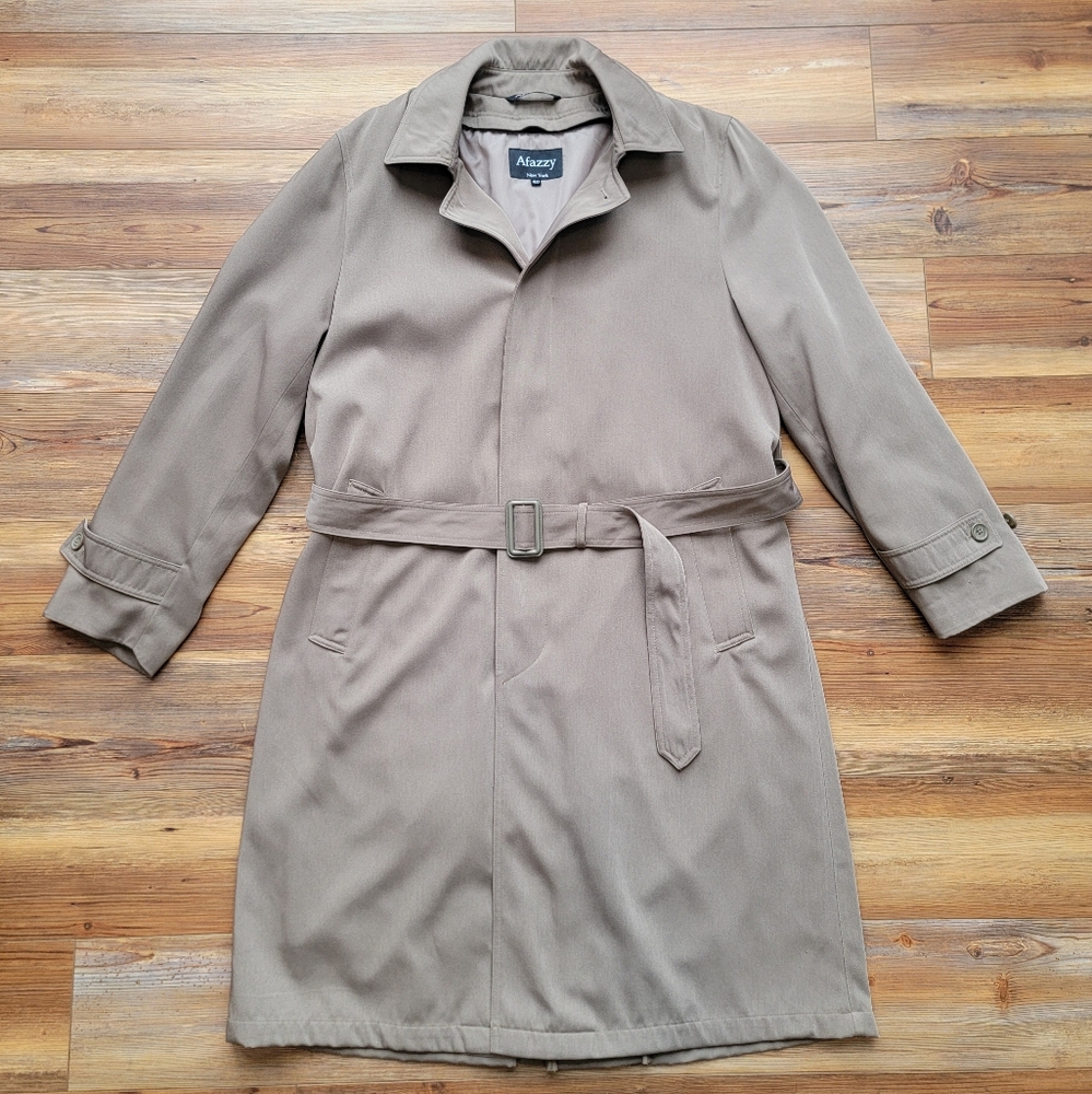 AFAZZY New York Mens Long Sz 40 Lined Polyester Microfiber Trench Top Coat Tan